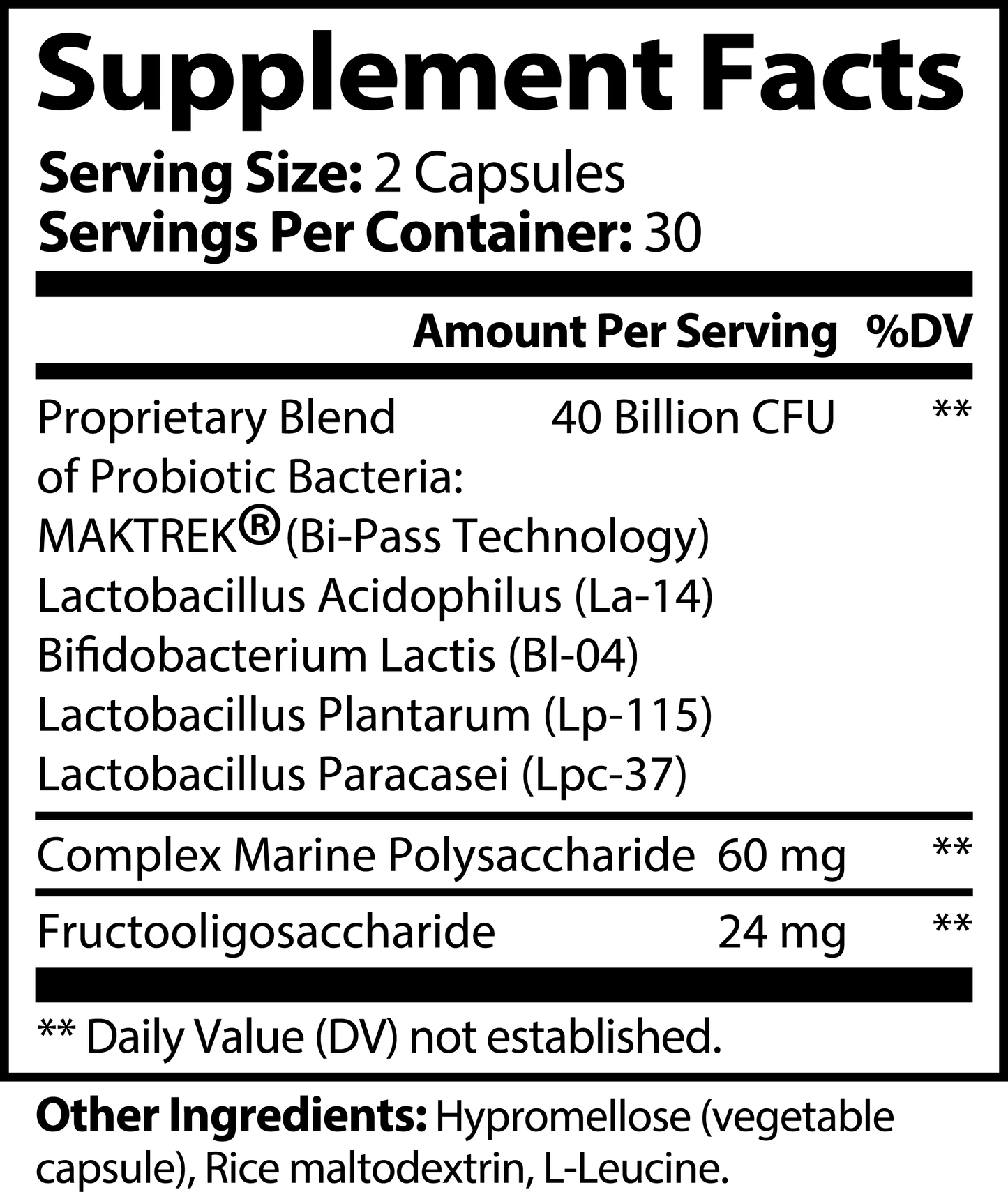 Supplement facts label with detailed information on a probiotic supplement.