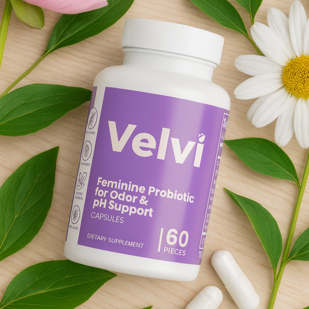Velvi feminine probiotic supplement bottle with capsules on a wooden surface with flowers and leaves.