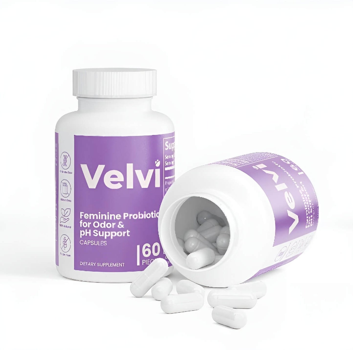 Velvi feminine probiotics bottle with open cap on a white background